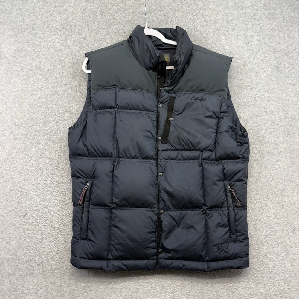 Cabelas Vest Mens Large Blue Puffer Goose Down Pockets Full Zip 650 Insulated